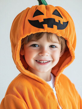 Portrait of a little boy in halloween costume with pumpkin hat smiling on white background.