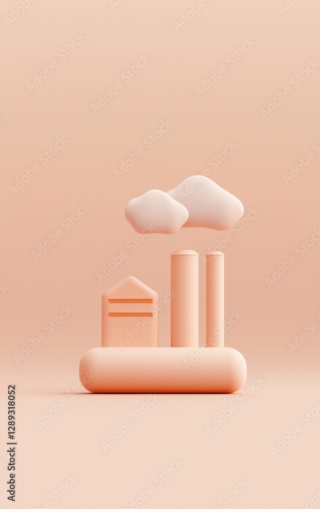 Poster minimalist 3d rendering of a factory with clouds overhead set against a soft monochromatic backdrop 