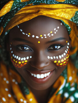 Portrait of a smiling african woman with traditional tribal face paint and colorful headscarf.