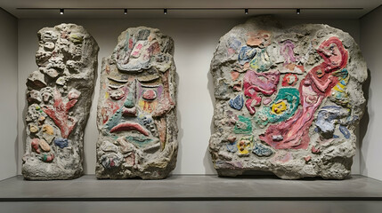 Fototapeta premium Colorful stone carvings displayed in modern gallery, showcasing abstract figures and faces against a minimalist background, ideal for art or culture publications