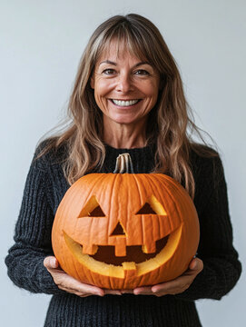 Smiling woman holding carved jack-o-lantern pumpkin isolated on white background for halloween.