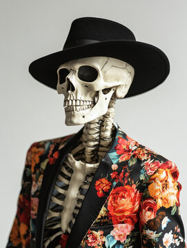 Stylish skeleton wearing a black hat and floral blazer on white background.