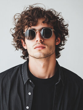 Stylish young man with curly hair wearing trendy sunglasses and black shirt - contemporary fashion portrait isolated on white background.