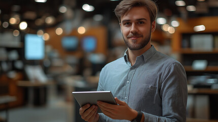 A young man stands confidently, holding a tablet and looking directly at the camera, surrounded by a vibrant tech store