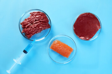 GMO concept. Different products and syringe on light blue table, flat lay