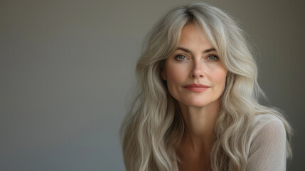 Naklejka premium A woman with long, flowing silver hair gazes softly at the viewer, exuding confidence and elegance against a neutral background. The gentle lighting accentuates her striking features