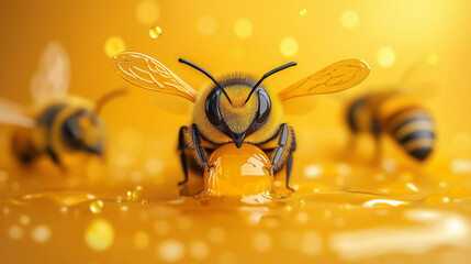 Naklejka premium Buzzing bees diligently collect golden honey droplets in a sunlit garden, surrounded by warm hues and a serene atmosphere, showcasing nature's beauty and harmony