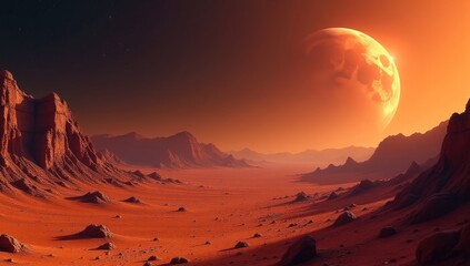 Naklejka premium Red Mars Landscape with Vast Canyon. Space Exploration Scene. Perfect for space exploration documentaries, science fiction book covers, futuristic concept art