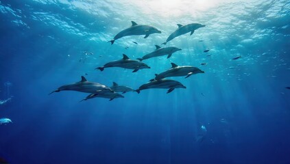 Fototapeta premium Pod of Dolphins Swimming in Clear Blue Ocean