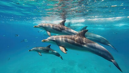 Obraz premium Pod of Dolphins Swimming in Clear Blue Ocean