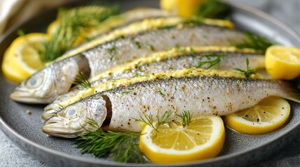 Lemon-dill marinated sardines, plated, kitchen setting, food photography