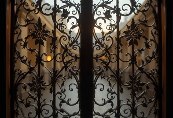 Ornate wrought iron gate with intricate swirling motifs and floral elements, framed by brick pillars, set in a serene outdoor garden with warm, diffused light from a sunset