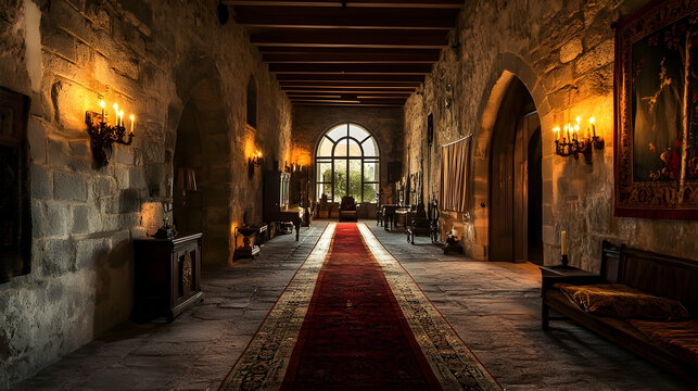 Grand medieval castle hallway with red carpet and chandeliers