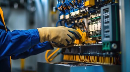 Worker Adjusting Electrical Components in Industrial Control Panel