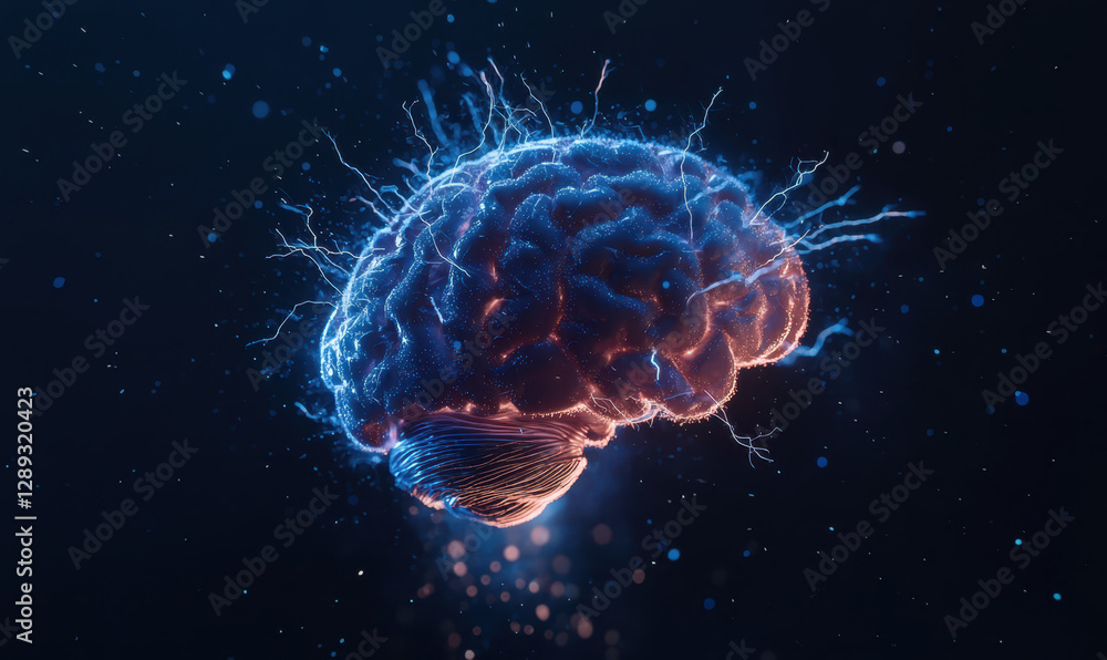 Poster exploring the intricate connection between technology and neuroscience: a glowing representation of 