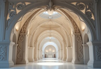 Fototapeta premium Magnificent grand interior space with ornate arches and columns featuring intricate carvings and floral motifs, bathed in natural light from a skylight above, creating an atmosphere of elegance and sp