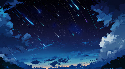 Anime illustration of a night sky with shooting stars, featuring a deep blue color palette