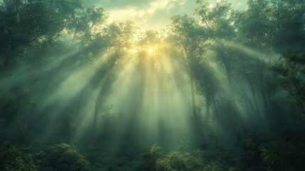 Fototapeta premium Sun Rays Breaking Through the Misty Dense Green Forest