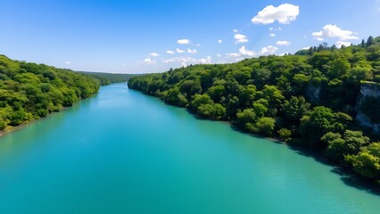 Fototapeta premium A beautiful river with lush green forest on both sides, reflecting a clear blue sky, symbolizing purity and peace