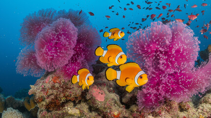 Fototapeta premium Colorful Clownfish Swimming Among Vibrant Coral in Clear Ocean