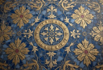 Obraz premium Ornate blue and gold wallpaper design with intricate floral and leaf motifs, featuring a large symmetrical central flower surrounded by smaller flowers and leaves, perfect for elegant and sophisticate
