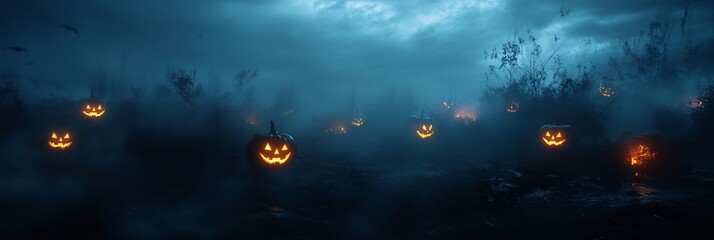 Mystical Halloween Jack-o'-Lanterns Against Foggy Backdrop