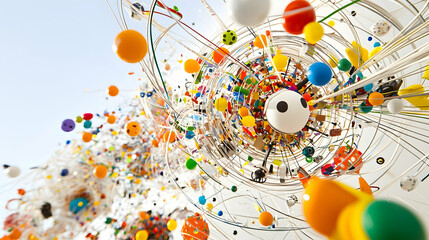 Obraz premium Colorful balls and lines swirling upwards, abstract art installation outdoors