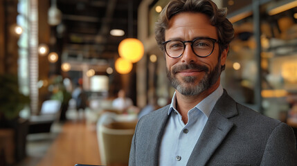 Obraz premium A man with a well-groomed beard and glasses stands confidently in a chic cafe, smiling as he engages with customers around him. Its vibrant atmosphere reflects the energy of a bustling afternoon