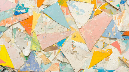 Fototapeta premium Colorful triangular paint chips, abstract pattern, demolition site, discarded materials