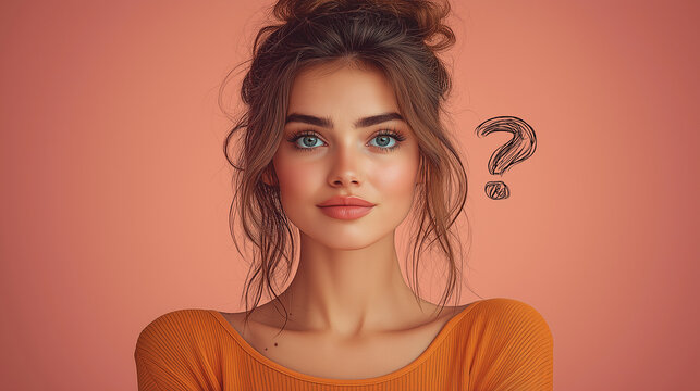 A young woman with striking features gazes thoughtfully at the viewer, surrounded by a warm pastel background. Question marks appear playfully, evoking curiosity and wonder