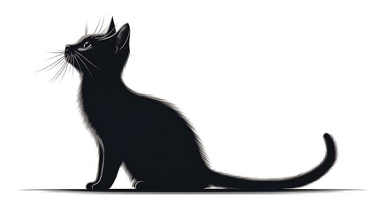 A Black Cat Sitting Looking Upwards On A White Background