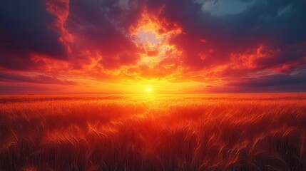 Fototapeta premium Golden Wheat Field Under a Fiery Orange Sunset