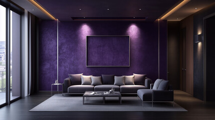 A Dark and Stylish Business Lounge Featuring Plum Purple and Silver Accents, Highlighted by a Deep Purple Stucco-Textured Wall, a Light Grey Sofa, and Contemporary Silver Details in the Decor