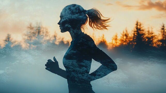 Silhouette of a female runner in motion against misty mountains; ideal for fitness promotions, wellness blogs, or as a motivational image for marathons.