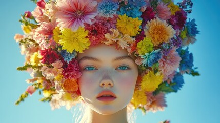 Stunning floral headdress worn by a young woman against a bright blue sky, showcasing colorful flowers and vibrant textures