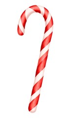 Watercolor illustration of a red and white candy cane with a traditional twisted design. Ideal for holiday themes, festive decorations, and Christmas projects. Perfect Any Project.