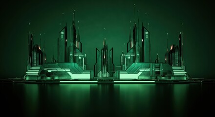Futuristic cityscape with glowing green buildings and advanced architecture