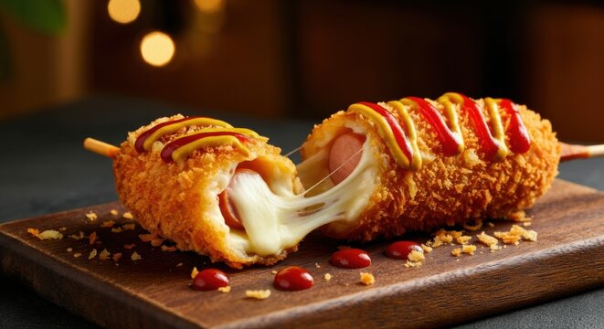 Delicious cheese-filled corn dogs drizzled with mustard and ketchup on a wooden board