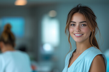 Fototapeta premium Portrait of a Smiling Young Woman in Light Blue Casual Top