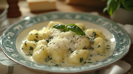 Creamy potato gnocchi served with fresh basil and grated parmesan cheese on a decorative plate