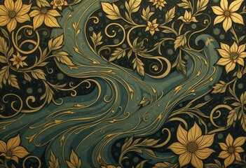 Intricate floral pattern with golden-yellow flowers and swirling dark green and teal lines creating a visually appealing decorative design for textiles or wallpaper