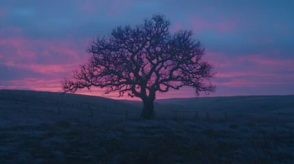 Lone tree silhouetted against vibrant sunrise, frosty field, rural landscape, peaceful dawn scene, ideal for nature documentaries