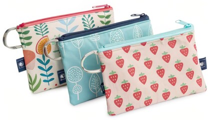 Three fabric zipper pouches on white background