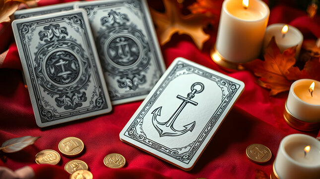 Lenormand cards face down, with one card showing an anchor facing up, placed on a red tablecloth with candles and golden coins