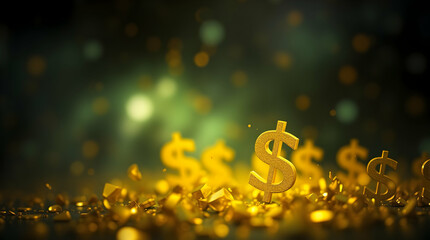 An abstract green background with a subtle bokeh effect and large golden dollar signs in the foreground, symbolizing wealth and prosperity