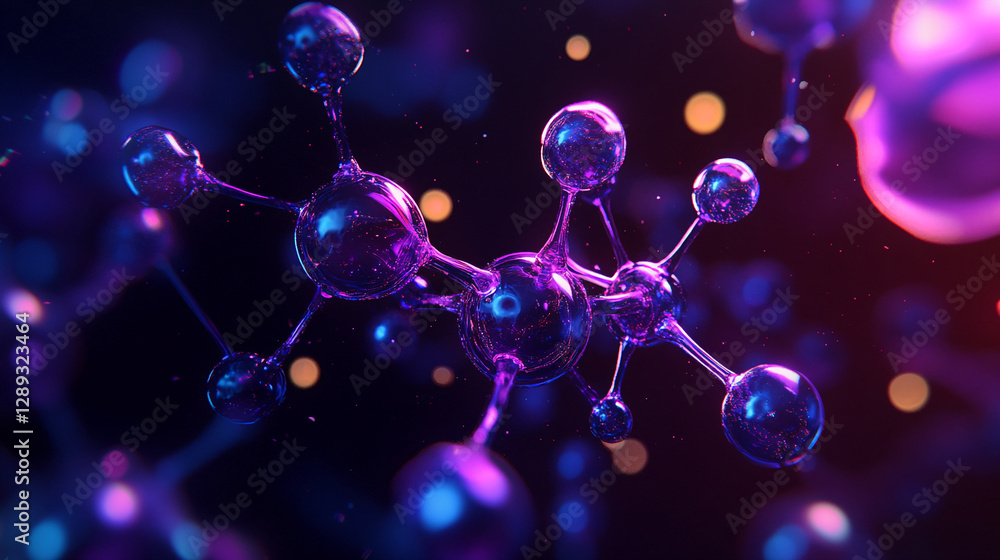Poster close-up view of vibrant, glowing molecular structures in a digital, futuristic style, showcasing a 