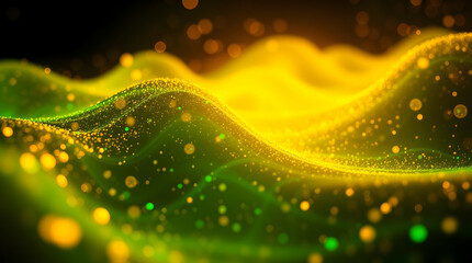 Abstract green waves with golden particles, symbolizing the energy of prosperity and abundance