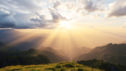 Obraz premium Sunset rays breaking through clouds over distant mountains, creating a breathtaking and golden-hued nature landscape