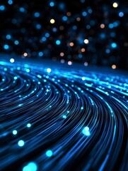 Digital Threads: Captivating, futuristic visual of a network, lines intertwining and emanating radiant light across a dark background, signifying the complex.