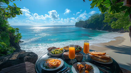 Bright morning light shines on a beautifully arranged tropical breakfast by the shoreline, featuring vibrant fruits, refreshing drinks, and endless ocean views